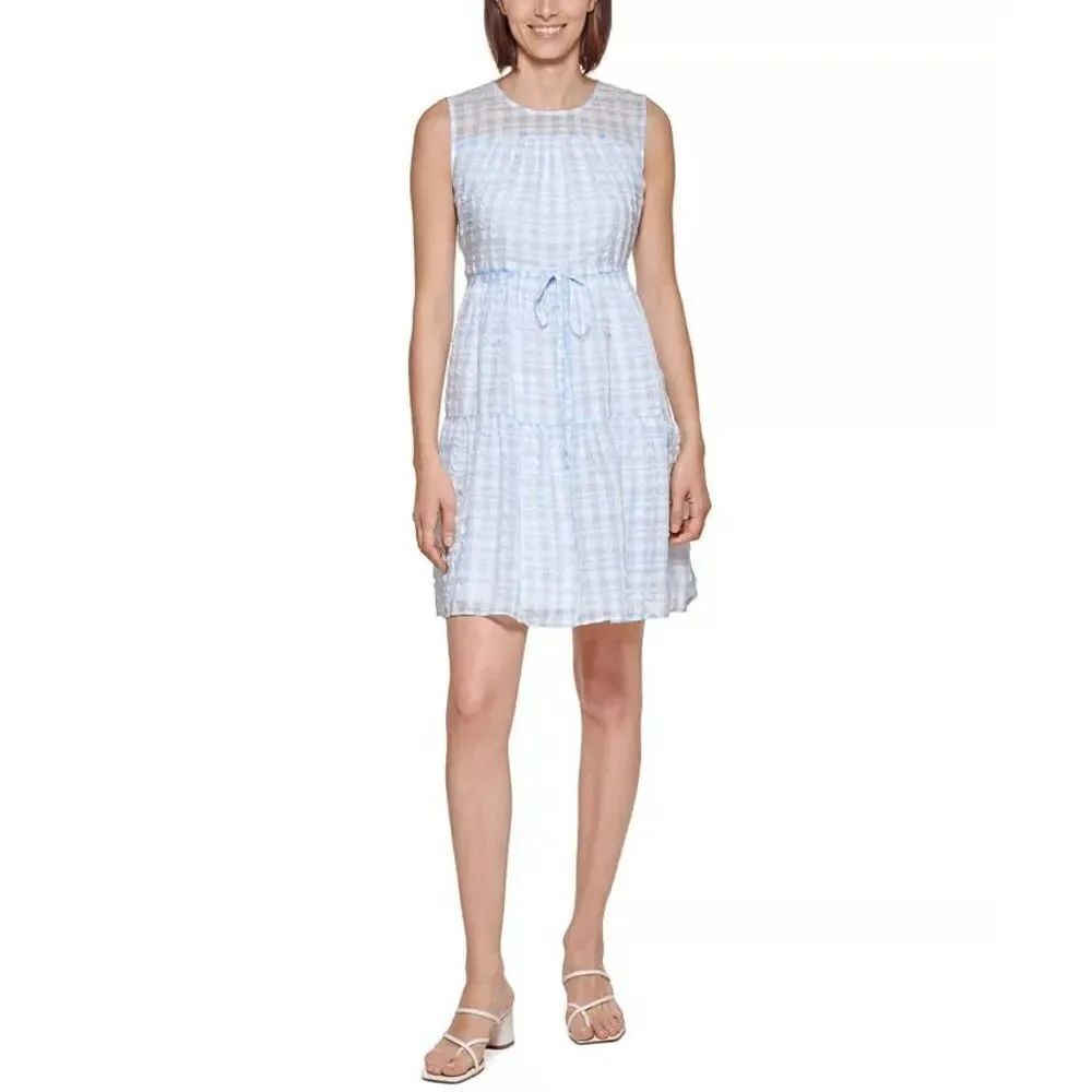 CALVIN KLEIN Women's Plaid A-Line Gingham Dress White and Blu Size 12